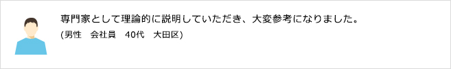 専門家として理論的に説明していただき、大変参考になりました。(男性　会社員　40代　大田区)
