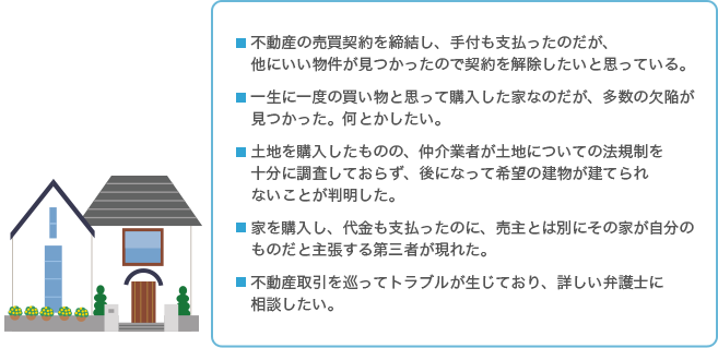 不動産の売買契約を締結し、手付も支払ったのだが、他にいい物件が見つかったので契約を解除したいと思っている。一生に一度の買い物と思って購入した家なのだが、多数の欠陥が見つかった。何とかしたい。土地を購入したものの、仲介業者が土地についての法規制を十分に調査しておらず、後になって希望の建物が建てられないことが判明した。家を購入し、代金も支払ったのに、売主とは別にその家が自分のものだと主張する第三者が現れた。不動産取引を巡ってトラブルが生じており、詳しい弁護士に相談したい。